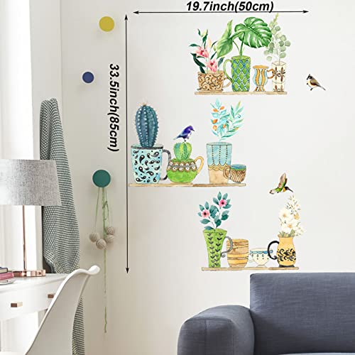Maydahui Cactus Green Pot Plants Wall Stickers (19.7X33.5 In) Palm Leaf Hummingbird Flowers Pastoral Style Wall Decals Peel And Stick Removable Watercolor Hanging Shelf Murals Decor For Kitchen Kids Room Living Room Classroom #TOP4