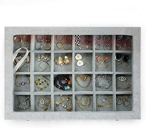 Image of BucketList Women's Velvet Glass Ring Earrings Jewelry Box - Display Storage Showcase Holder Organizer (Big 24 Grid Jewellery Box Grey)