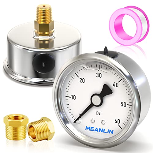 Image of MEANLIN MEASURE 0~60Psi Stainless Steel 1 /4 inch NPT 2.5 inch Single Scale FACE DIAL, Glycerin Filled Pressure Gauge, Pool Sand Filter, Back Mount, with 1 /2 inch NPT and 3 /8 inch NPT Hex Bushing