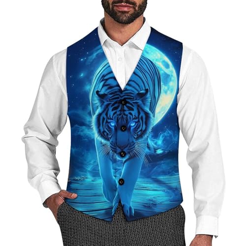White Tiger Moon Starry Sky Men's Suit Vests Business Formal Dress Vest V-Neck Waistcoat for Wedding Casual