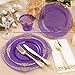 Bestluck 350PCS Clear Purple Plastic Plates for 50 Guests, Disposable Plates with Gold Trim include 50 Dinner Plates, 50 Dessert Plates, 150 Gold Silverware, 50 Cups, 50 Napkins for Party, Wedding