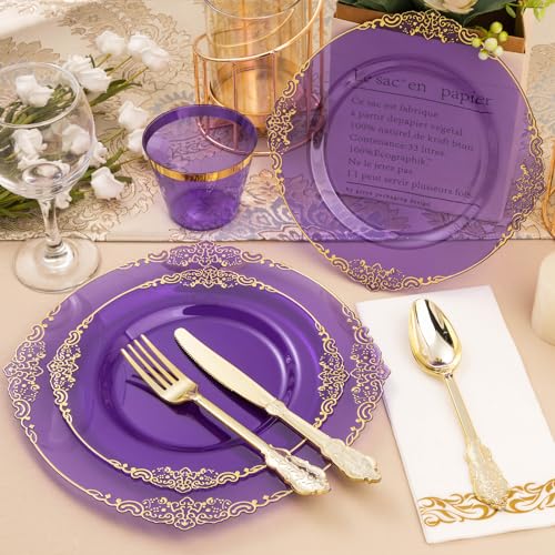 Bestluck 350PCS Clear Purple Plastic Plates for 50 Guests, Disposable Plates with Gold Trim include 50 Dinner Plates, 50 Dessert Plates, 150 Gold Silverware, 50 Cups, 50 Napkins for Party, Wedding by Bestluck - Image 5