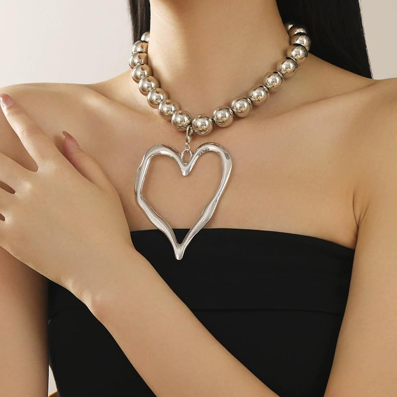 exaggerated Heart necklace for Women Chunky Heart Large Multiple Hollow Love Beaded Chain Necklace Jewelry - Image 3