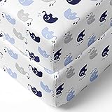 Bacati - Elephants Silky Soft Breathable 100% Cotton Muslin Baby Crib Fitted Sheets - Fits Standard 28 x 52 x 5 Crib & Toddler Mattresses (Blue/Grey)