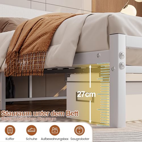 Bett 120x200 mit Lattenrost,Bettgestell Metallbett 120x200 cm mit Kopfteil,Bettrahmen aus Metall-27cm Hoch,Doppelbett Gästebett Jugendbett KeinBoxspringbett mit Stauraum,Weiß – Bild 6