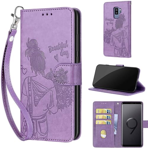Étui portefeuille Samsung S9 Plus rabat cuir femme avec fente carte bancaire et dragonne fille