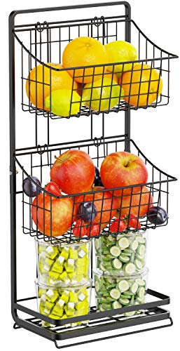 3 Tier Fruit Basket, GSlife Small Wire Fruit Basket Stand with Detachable Hanging Baskets, Fruit Holder for Fruit Vegetable Storage Kitchen Countertop Pantry Bathroom, Black