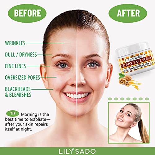 Lily Sado Honey Walnut Creamy Face Scrub - Best Exfoliating Facial Cleanser For Women & Men - Gently Exfoliates, Softens & Energizes Skin, Treats Acne, Reduces Pore Size - For All Skin Types - 2 Oz #TOP4