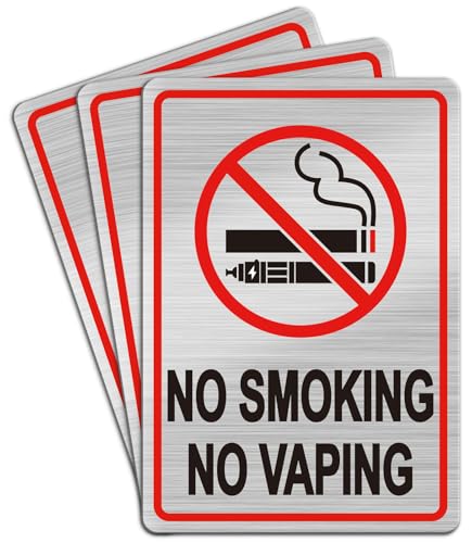 No Smoking Sign, 3 Pack 7×10 Inch Non Metal Reflective Vinyl No Smoking No Vaping Sign for Business, Brushed Metal Look Self Adhesive No Smoking Stickers, Durable Waterproof UV Protection