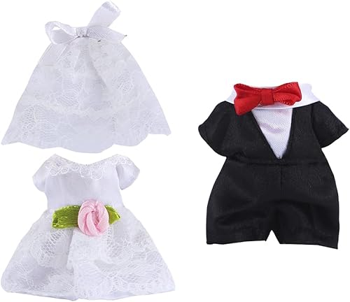 E-TING Conjunto de boda hermoso vestido de novia blanco con velo y traje de negocios para el novio para figura de 3 pulgadas