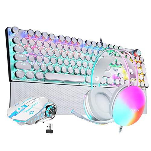AULA Gaming Keyboard Headset Mouse Combo, RGB Rainbow Backlit Keyboard Headset Mouse Bundle, Typewriter Style Mechanical Wired White Gaming keyboard + USB Pink PC Gaming Headset with Mic + Wireless Ga