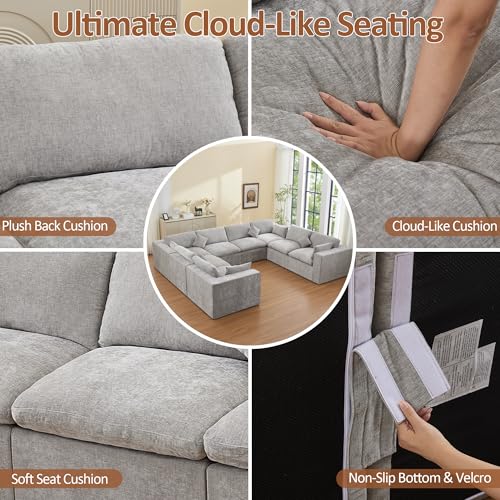 Image of 146''Cloud Boneless Sectional Couch, Modular Sectional Sofa Deep Seat, Oversized Upholstered Convertible Comfy 8 Seater Chenille Memory Foam Sofa U Shape Couches for Living Room, Light Grey