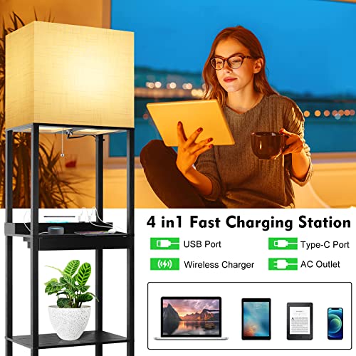 Runtop Plus Charging Station Floor Lamp With Wireless Charger, 2 Usb-C Port, 2 Power Outlet, Floor Lamp With Shelves, 15W Led Bulb, 3 Colors, Memory Function, Standing Lamp For Living Room Bedroom #TOP1