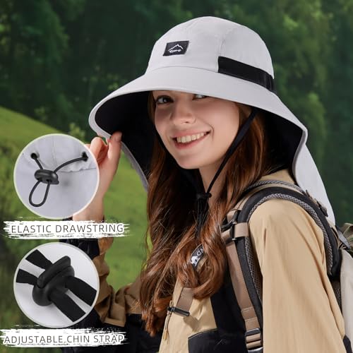 Image of Rosoz Outdoor Sun Hat for Men Women, UPF50+ Protection Safari Cap Wide Brim Mesh Fishing Hat with Neck Flap Beach Garden