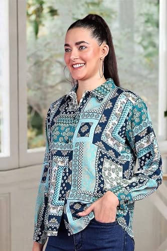 Image of POPWINGS Women Casual Sky Blue Floral Printed Shirt | Collar Button Shirt | Full Sleeve Shirt | Trendy Shirt | Regular Casual Shirt