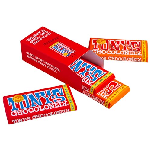 Tonys Chocolonely Milk Chocolate plus Milk Caramel Sea Salt Bars in Gift Box 180 g x 4 Bars (2 of each flavour) - Belgian Fairtrade Chocolate Multipack