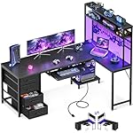 AODK 59 Inch L Shaped Desk with 4 Drawers, Gaming Desk with Led Lights & Power Outlets, Computer Desk with Pegboard & Keyboard Tray, Reverisble Home Office Desk with Storage Shelves & CPU Stand, Black