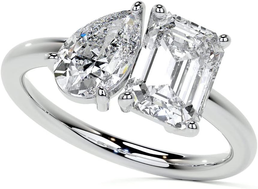 Pear & Emerald 2-Stone Moi Et Toi Design Moissanite Engagement Ring 10k 14k 18k Gold & 925 Sterling Silver Christmas Gift For Women