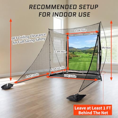 KuiBonu 2026 Upgraded Golf Simulator Cage with HD Simulator Screen & Side Barriers, 10 x 8ft Golf Hitting Net with Thickened Heavy Duty Frame for High-Speed Shots, Auto Ball Return Golf Practice Net