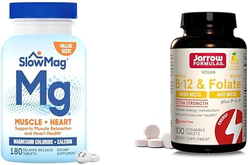 SlowMag Muscle + Heart Cloruro de magnesio con suplemento de calcio para apoyar la relajación muscular y fórmulas Jarrow Extra Strength Metil B-12