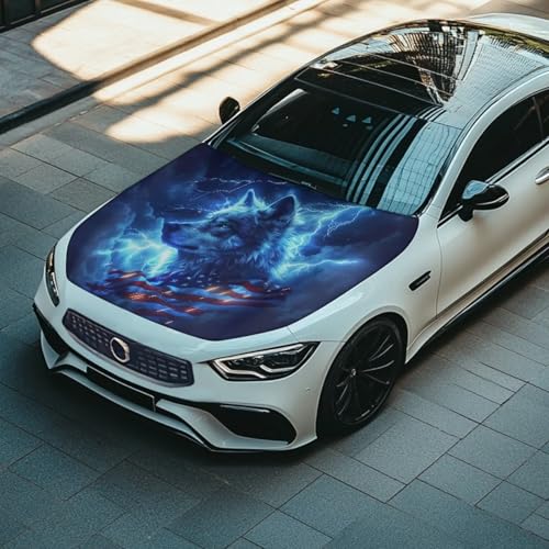 Image of Car Hood Cover for Compact Sedans SUV Trucks, 59x39 Inches Stretchable Auto Hood Wraps Vehicles Banner Automotive Exterior Accessories (Lightning Wolf USA Flag Design)