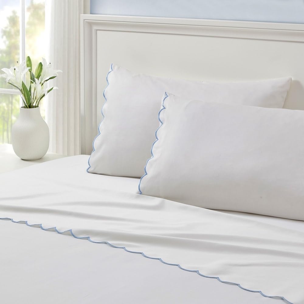 4-Piece 500TC Traditional Embroidered Scalloped Hem 100 Cotton Bed Sheets Set Queen Size Modern Contemporary Casual Blue White