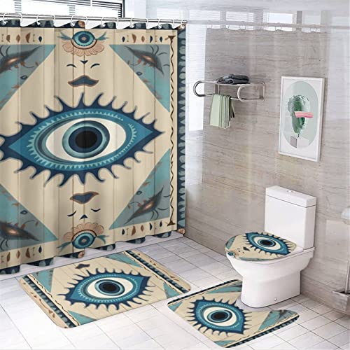 VHPVHP 4 Pcs Bathroom Shower Curtain Set,Bathroom Sets with Rugs (Bath Mat,U Shape and Toilet Lid Cover Mat), Evil Eye Tribal Boho Retro Bathroom Decor Set