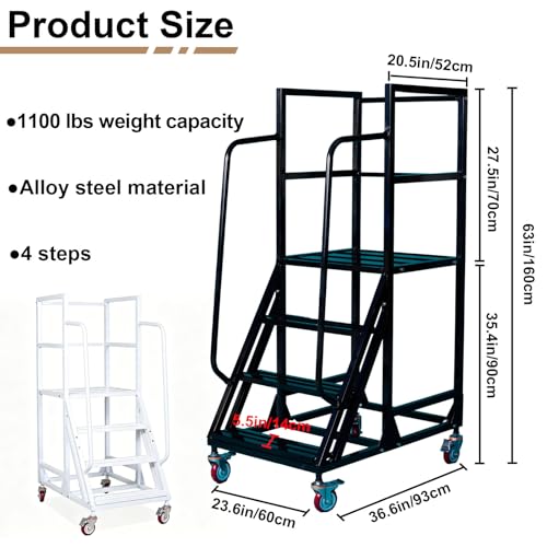 Image of 4 Step Rolling Warehouse Step Ladder, Industrial Mobile Staircase on Wheels, 1100Lbs Weight Capacity, Heavy Duty Mobile Platform Ladder with Handrails, Suitable for Warehouse, Library (Black, 4 steps)