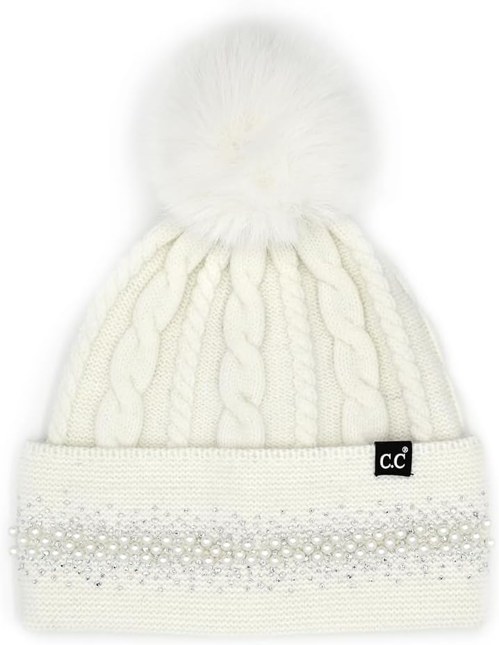 C.C Star Stud Fur Pom Beanie for Women - Recycled Yarn Stretchable Soft Warm Knit Winter Skully Hat with Faux Fur Pom