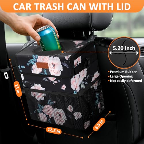 Image of Vankor 4.2 Gallons Car Trash Can with Lid, Bag Bin Hanging Waterproof Automotive Car Garbage Cans Leak Proof Vehicle Trash Can for Truck SUV,Black Floral
