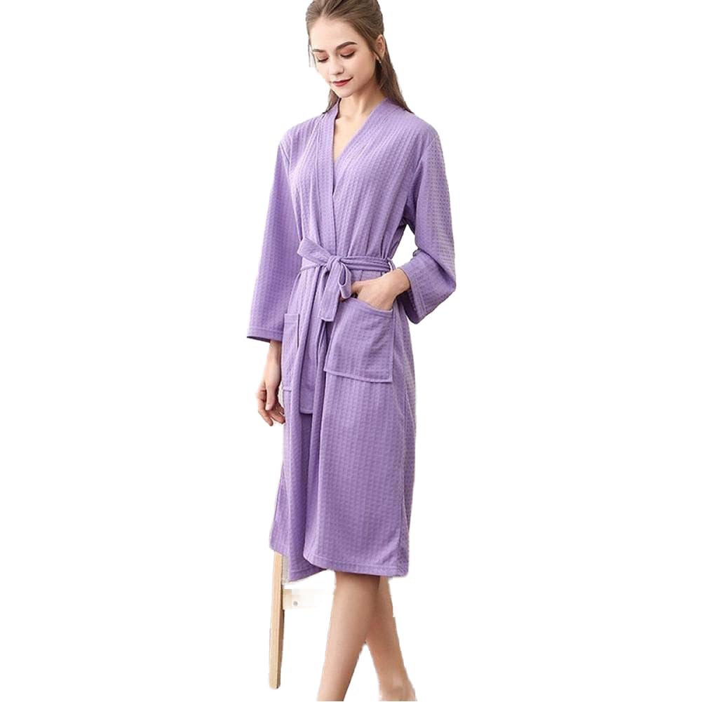 QETUOA Couple Summer Absorbent Kimono Bathrobe Women Men Plus Sexy Waffle Bathrobe Men'S Dressing Gown Men'S Lounge Robe light purple, M