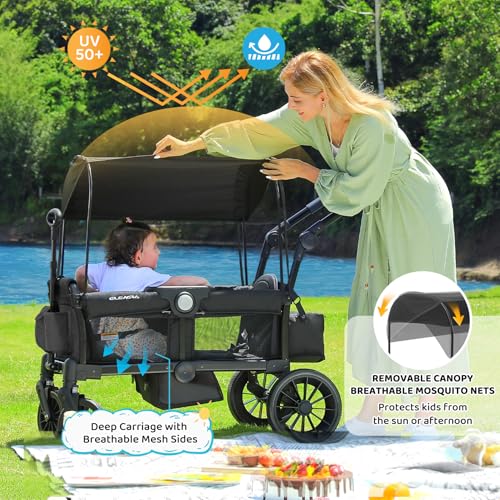 Image of ELEMARA Stroller Wagon, 2 Seat Stroller for 2 Kids, Premium All Terrain Stroller for Kids w /Removable Canopy, Adjustable Push /Pull Handle, Large Storage Bag, Black