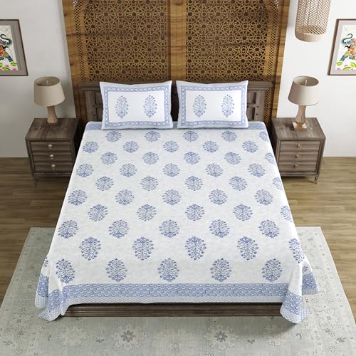 Image of BLOCKS OF INDIA Hand Block Printed 200 TC Cotton King Size Bedsheet (Blue Pot)