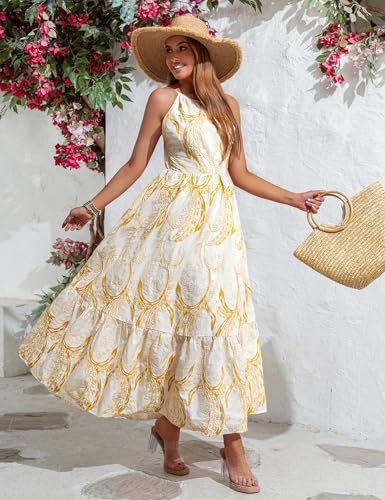 Image of EYWOL Women Plus Size Floral Dress, Summer Beach Yellow Sundress, Embroidered Halter Open Back Bow, Flowy Tiered for Vacation