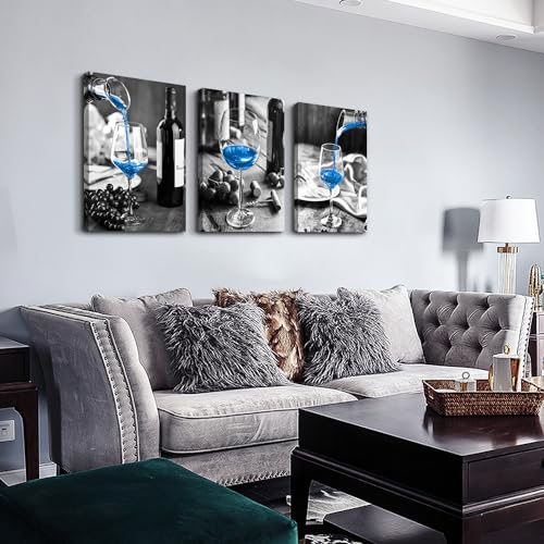 DZRWUBHS Canvas Wall Art For Kitchen Large Wall Decor For Dining Room Black And White Glasses Wine Painting Modern Blue Wine Wall Pictures Art Prints Artwork Bar Restaurant Home Decorations 3 Piece