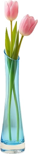 Glass Bud Vase Oblique Mouth Single Stem Flower Vase with Heavy Base for Home Office Wedding Table Decor (Blue 23cm Height)