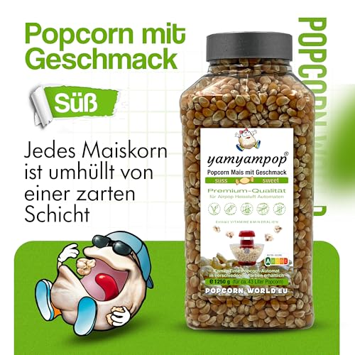 YamYamPop Popcorn Mais mit Geschmack süss - 1250g Premium Popcornmais für die Heißluft Popcornmaschine - süsses Popcorn, Zubereitung ohne Öl und Zucker - keine Gentechnik (süss)