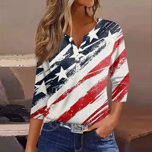 Image of 4th of July Shirts Women 3 /4 Length Sleeve Womens Tops Henley Neck Casual Patriotic T Shirts