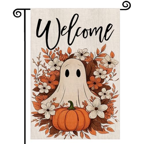 Halloween Ghost Decor Flag,12x18 Inch Double Sided Standerd Ghost Pumpkin Fall Autumn Yard Flags for Garden Outdoor Decorative Flag