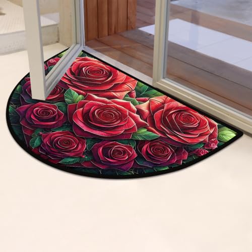 Image of cfpolar Half Round Door Mat Flower Red Rose Non-Slip Semi Circle Area Rug Washable Half Moon Hearth Rugs for Indoor Outdoor Bathroom Kitchen Patio Runner Mat Laundry Room Home Decoration