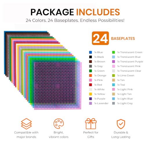 Image of Strictly Briks Stackable Baseplates - 24 Pack 10 inchx10 inch, 32x32 Studs, Compatible with Lego for Building City Scenes, Foundation, Displays Bricks on Play Table, Kids Gift, Rainbow