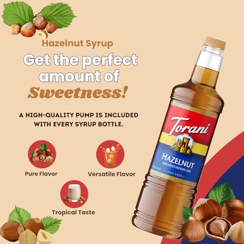 Image of Torani Hazelnut Syrup 1 Liter Bottle with Pump - Premium Coffee Flavoring Made with Pure Cane Sugar & Natural Flavors for Lattes, Cappuccinos, Desserts, Cocktails & More - Rich Nutty Sweetener