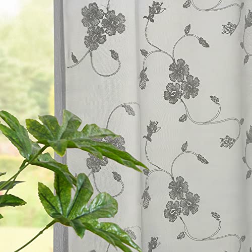 Lazzzy Grey Sheer Valance Curtain Floral Embroidered Semi Sheer Small Window Treatment Curtain Rod Pocket Valance For Kitchen Living Room Bathroom 16 Inch 1 Panel Gray #TOP2