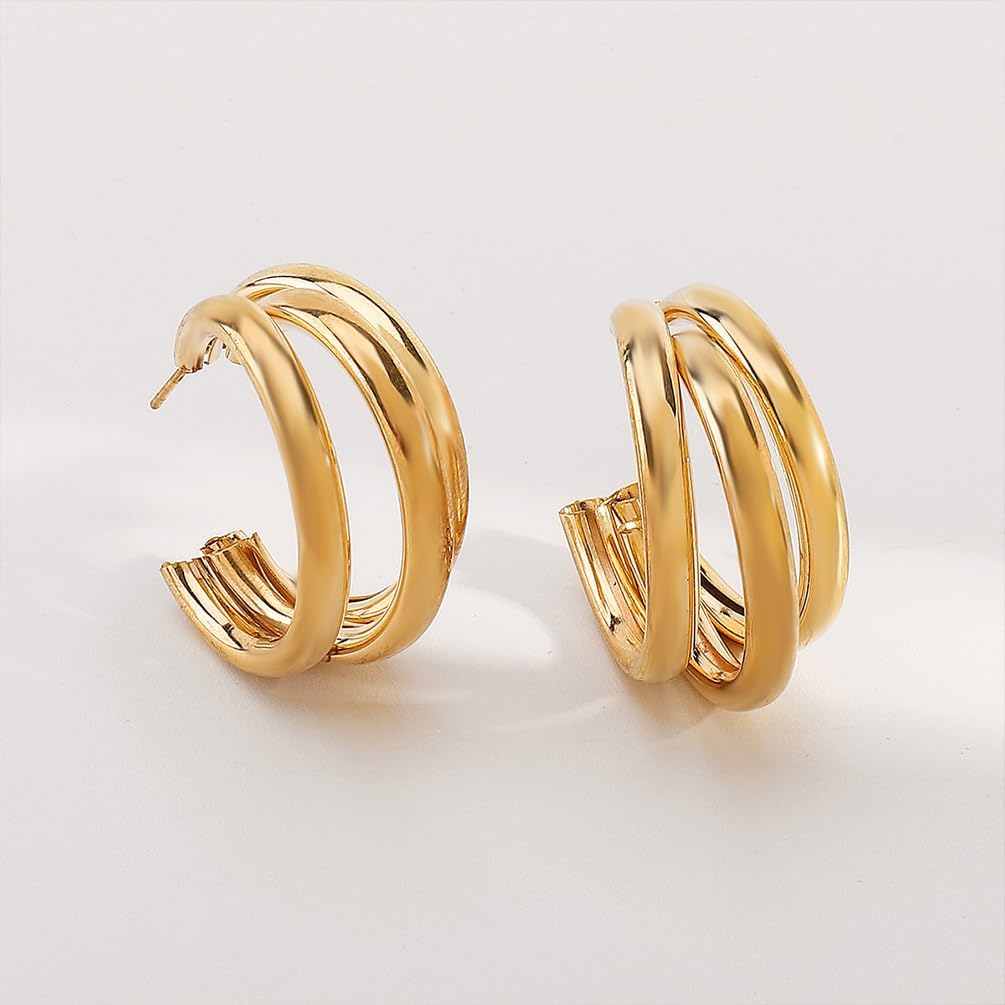 Chunky Gold Plated Triple Circle Stud Earrings for Women Statement Charming Unique C-Shaped Earring Trendy Prom Party Costume Jewelry Accessories Gift - Image 5