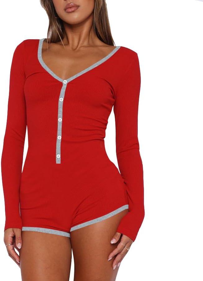 INFITTY Women's Sexy Rompers V Neck Long Sleeve Knitted One Piece Sexy Pajama Onesie Bodycon Rompers