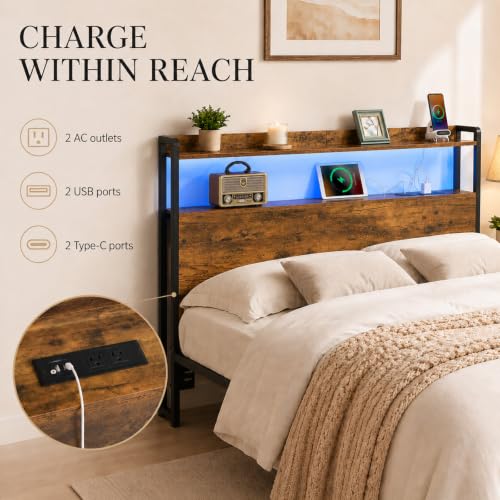 Image of Full Size Headboard with Storage Shelf, Charging Station, Adjustable Height | Particle Board & Metal Frame, for Bedrooms, 55 In Storage Shelf, 2 Outlets & 2 USB Ports, Adjustable Height, Rustic Brown