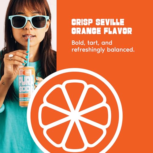 Image of PuraSoda Seville Orange - 12g Pure Cane Sugar Soda, 10 Fl Oz, Pack of 12 | Real Fruit Extract, Non-Gmo Vegan, No Stevia Or Artificial Sweeteners, 13g Cane Sugar, 10 Fl Oz Cans