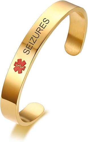 VNOX Pulsera médica personalizada con identificación de alerta de condición médica, brazalete de acero inoxidable, negroplatachapado en oro