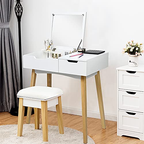 LDAILY Flip Top Vanity Desk with Mirror, Hidden Drawer and Cushioned Stool, Modern 3 in 1 Writing Desk with Solid Pine Wood Leg for Small Space