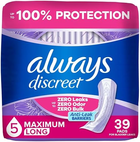 Always Discreet Adult Incontinence Pads for Women, Maximum Absorbency, Long Length, Postpartum Pads, 39 Count